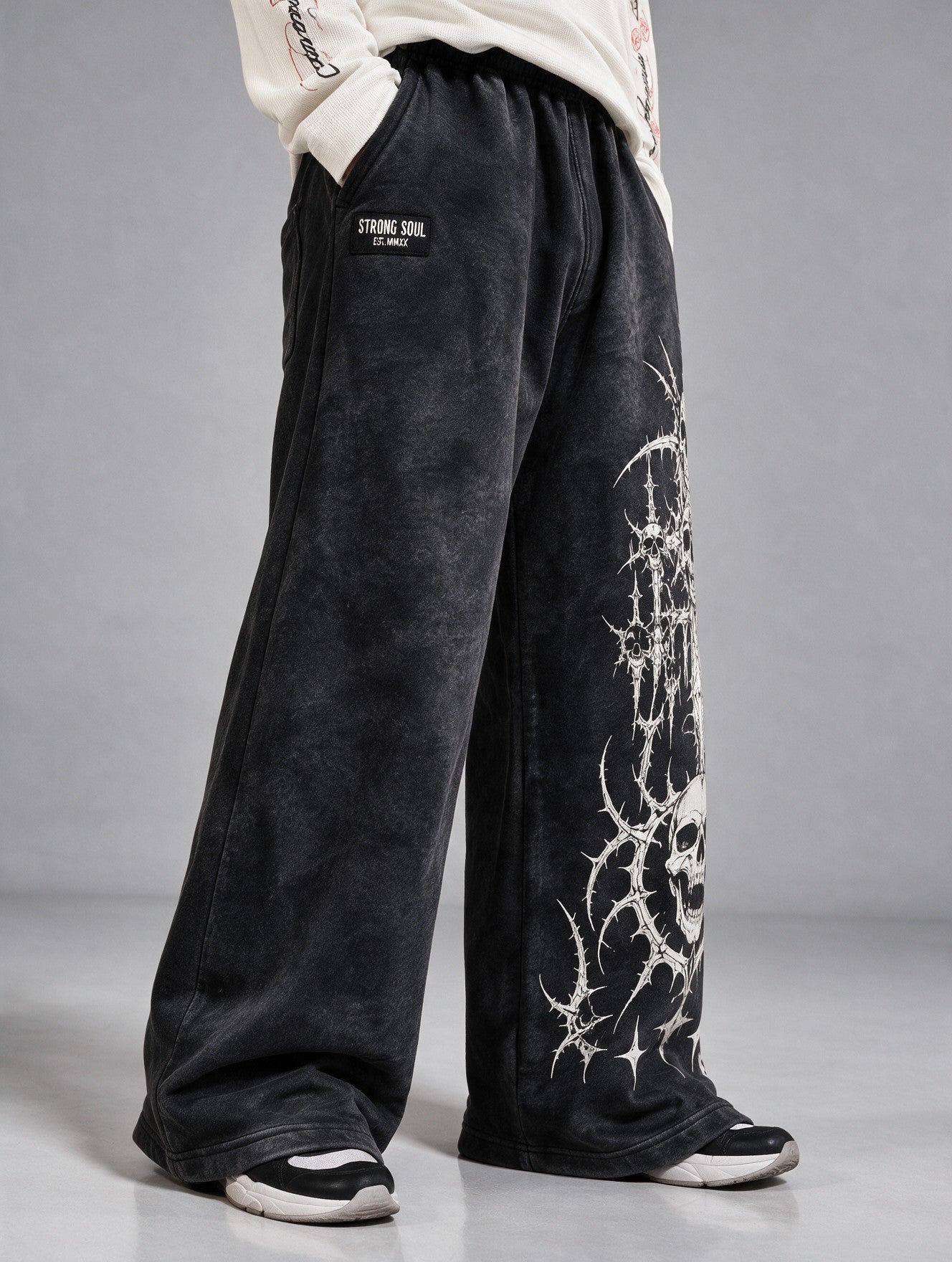 Acid Wash Black - Gothic Sword - Oversized Flat Pants 400 GSM