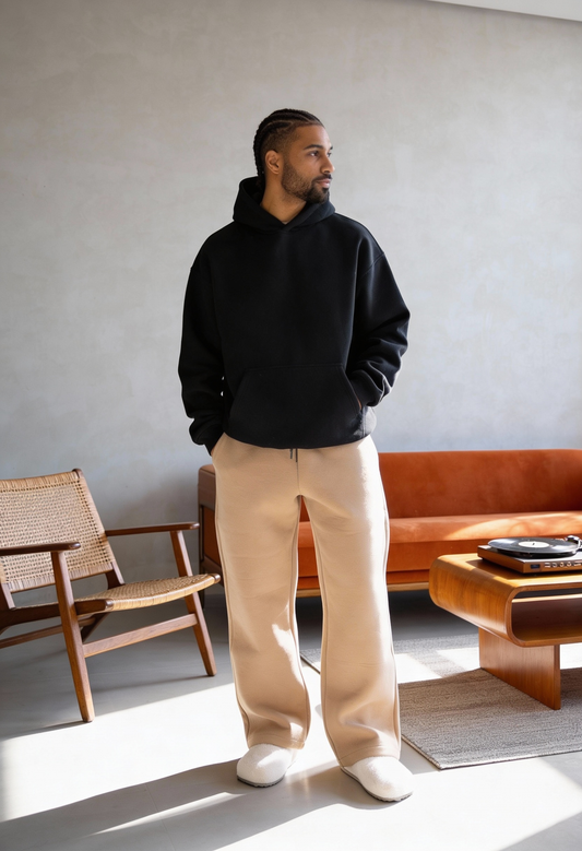 Black + Beige Flat Pants - Hoodie Co-ord