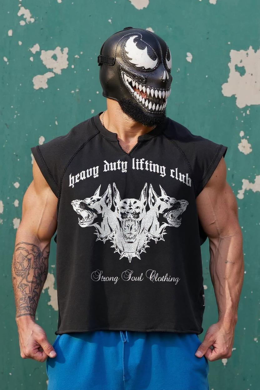 Black - T107 - Heavy Lifting Club - Gym Vintage Cut Offs