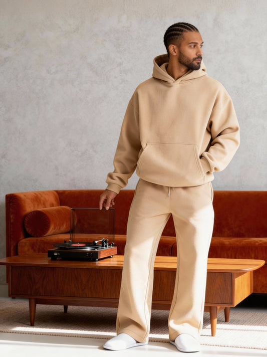 Beige - Flat Pants + Hoodie Co-ord