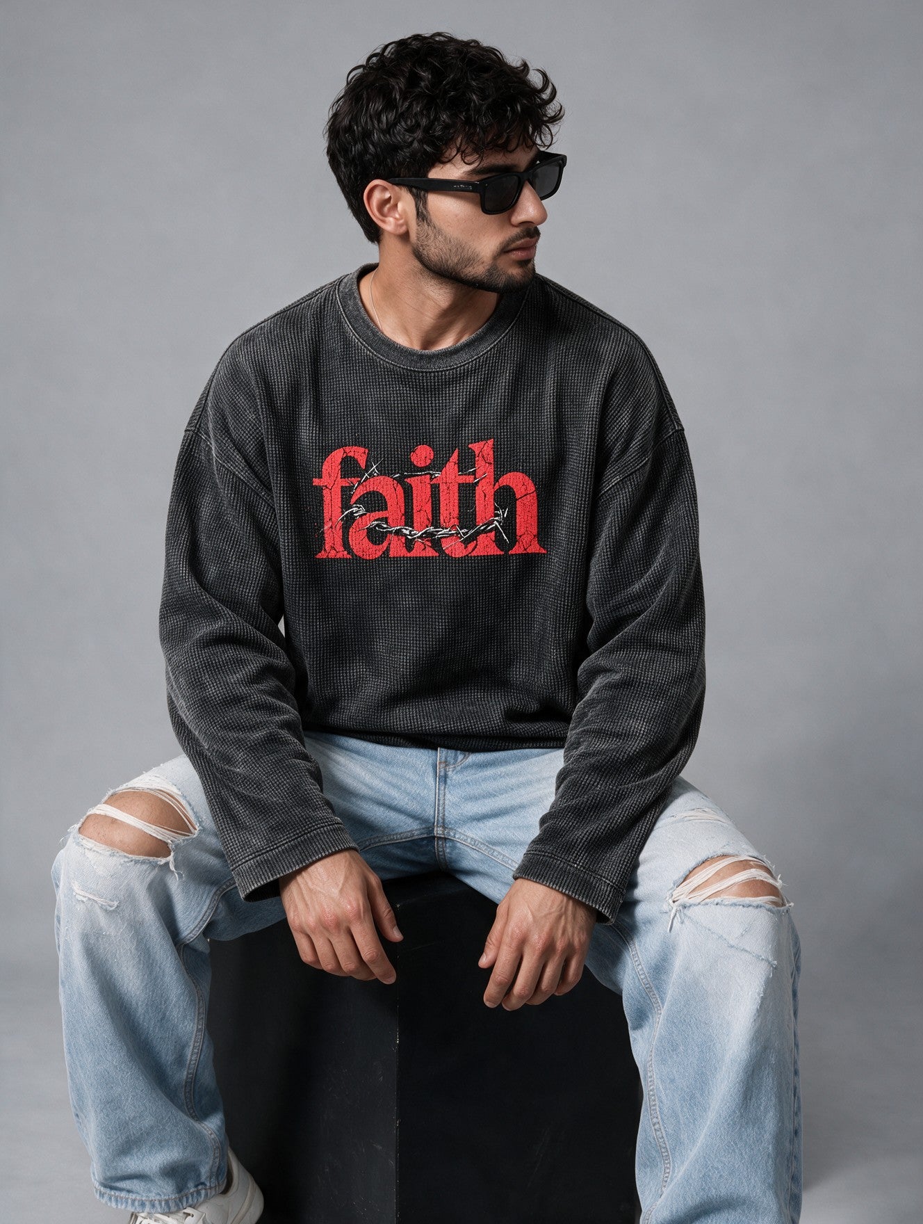 Charcoal Grey - Faith - Waffle Long Sleeve