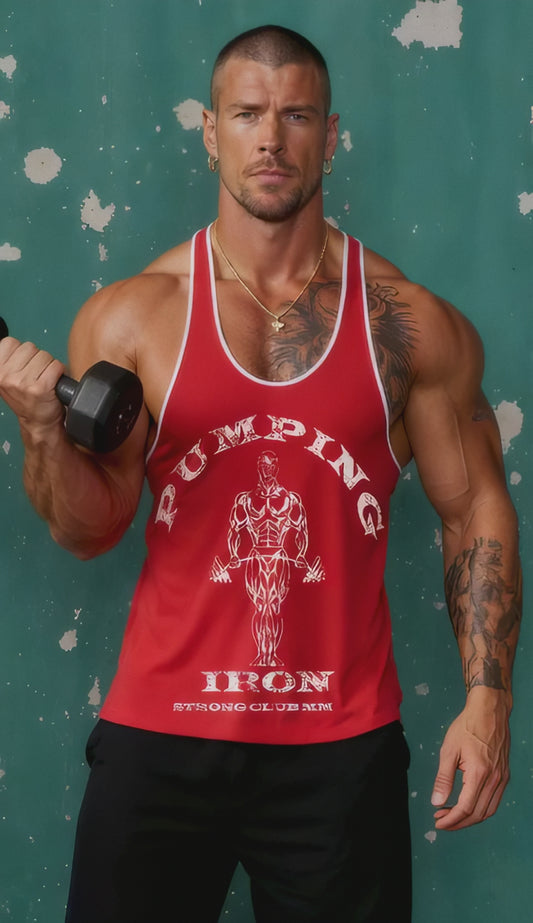 Red White - T109 - Pumping Iron - Gym Tank Top