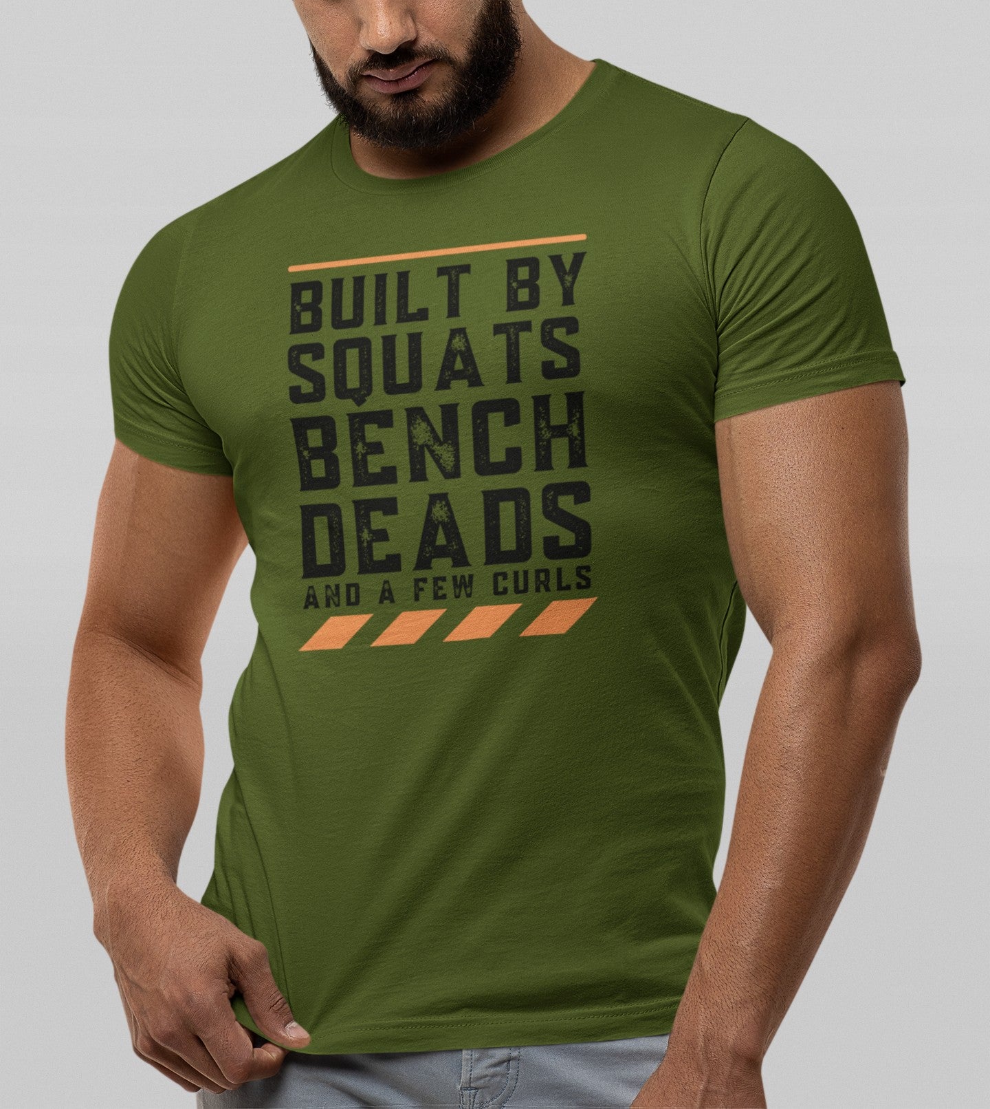 Gym T Shirt - Built By Squats Bench Deads And A Few Curls - Men T-Shirt with premium cotton Lycra. The Sports T Shirt by Strong Soul
