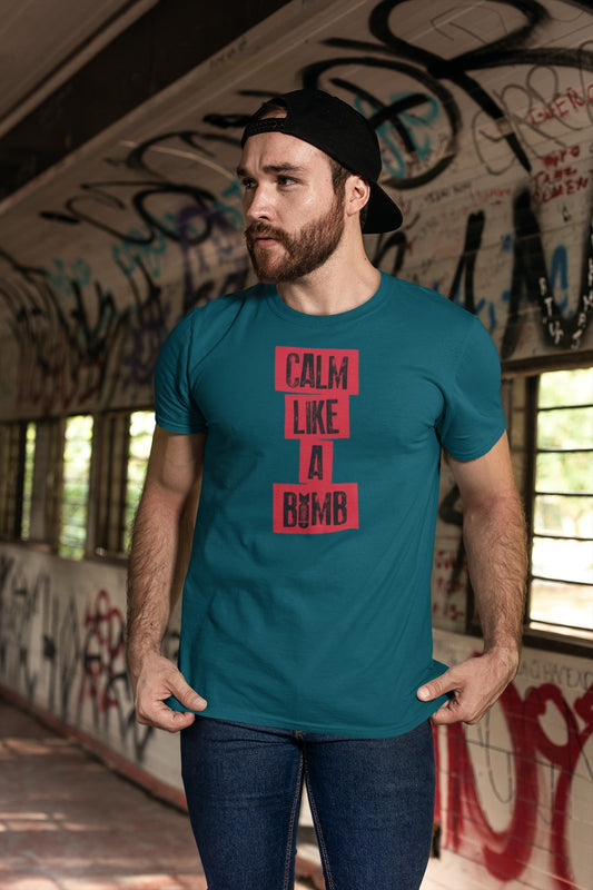 Gym T Shirt - Calm Like A Bomb with premium cotton Lycra. The Sports T Shirt by Strong Soul