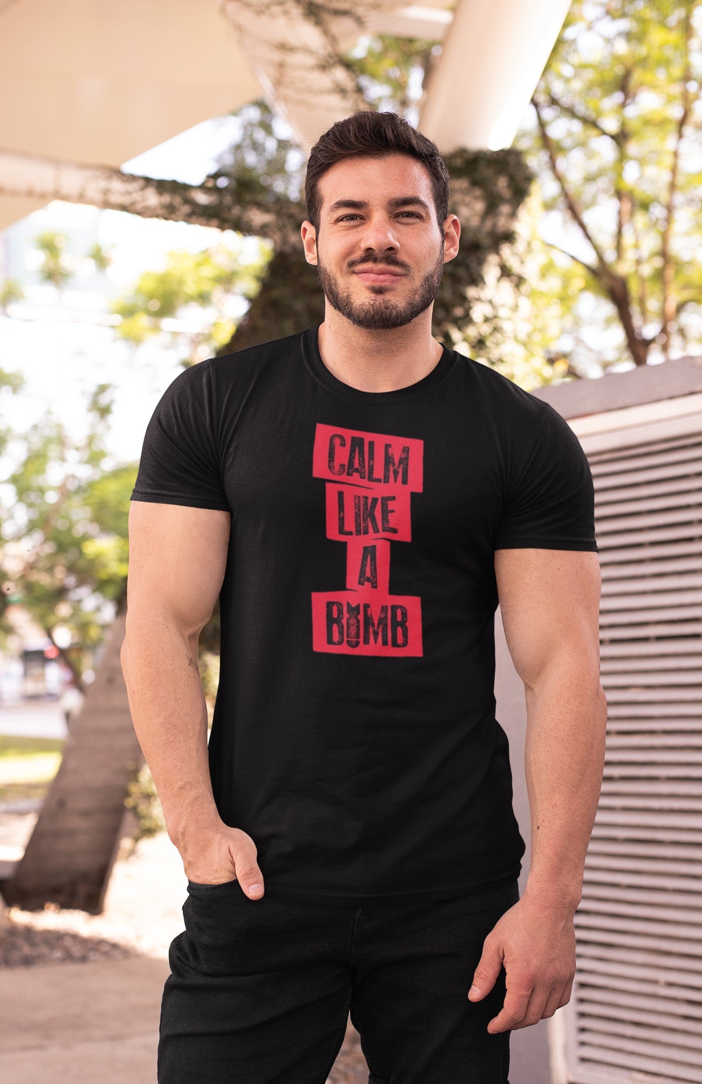 Gym T Shirt - Calm Like A Bomb with premium cotton Lycra. The Sports T Shirt by Strong Soul