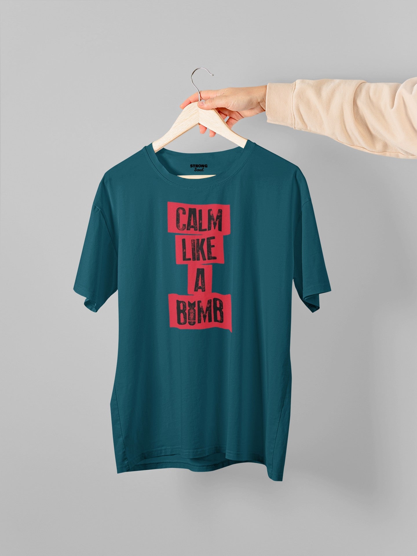 Gym T Shirt - Calm Like A Bomb with premium cotton Lycra. The Sports T Shirt by Strong Soul