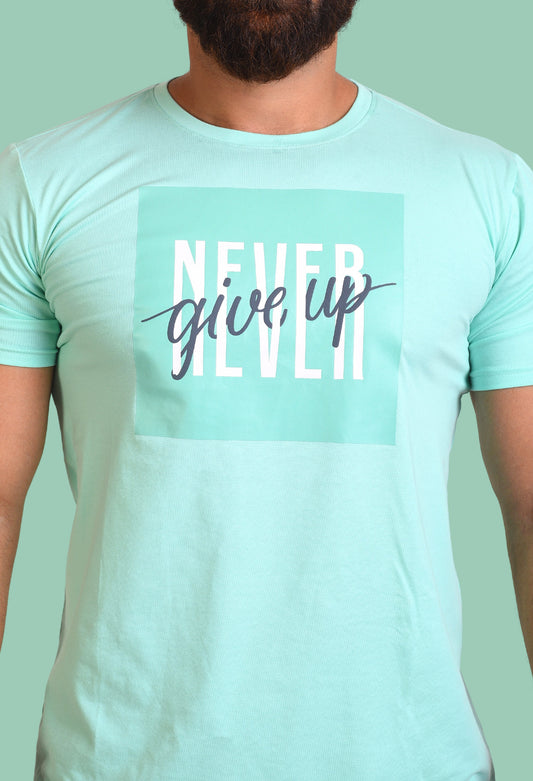 Gym T Shirt - Never Give Up - Men T-Shirt with premium cotton Lycra. The Sports T Shirt by Strong Soul