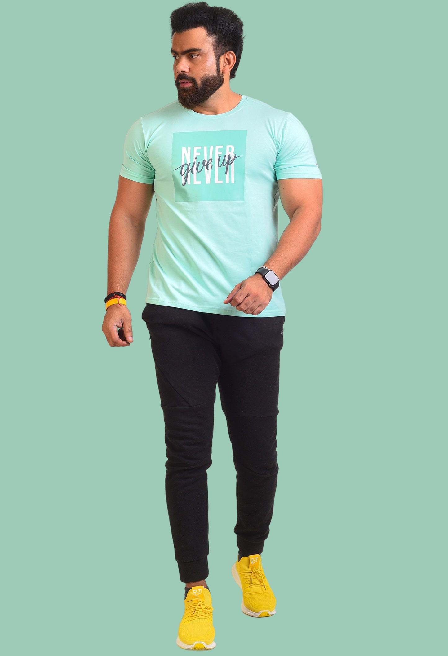Gym T Shirt - Never Give Up - Men T-Shirt with premium cotton Lycra. The Sports T Shirt by Strong Soul