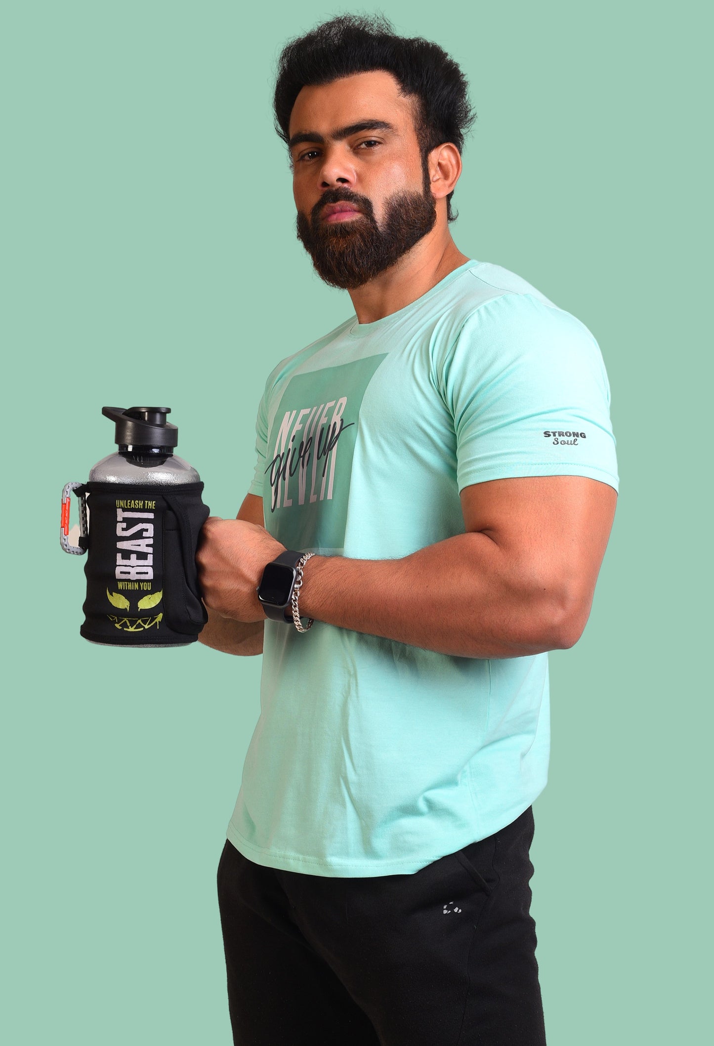 Gym T Shirt - Never Give Up - Men T-Shirt with premium cotton Lycra. The Sports T Shirt by Strong Soul