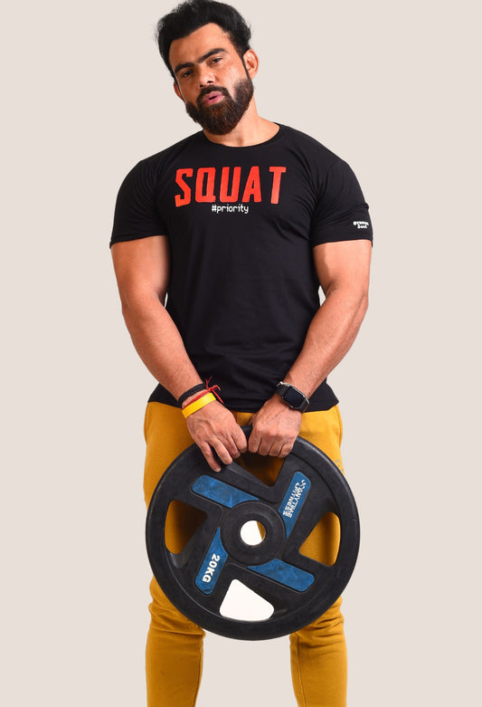 Gym T Shirt - Squat Priority - Men T-Shirt with premium cotton Lycra. The Sports T Shirt by Strong Soul