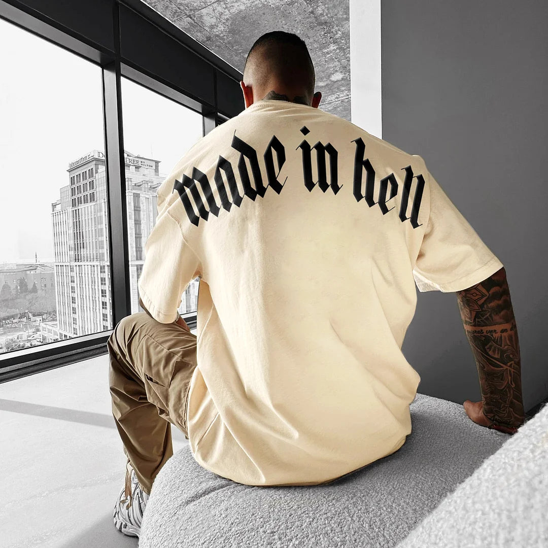 Made in Hell - Beige - Gym Oversized T Shirt Strong Soul Shirts & Tops