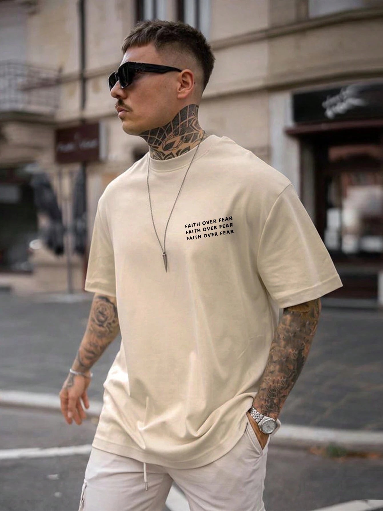 Faith Over Fear - Beige - Gym Oversized T Shirt Strong Soul Shirts & Tops