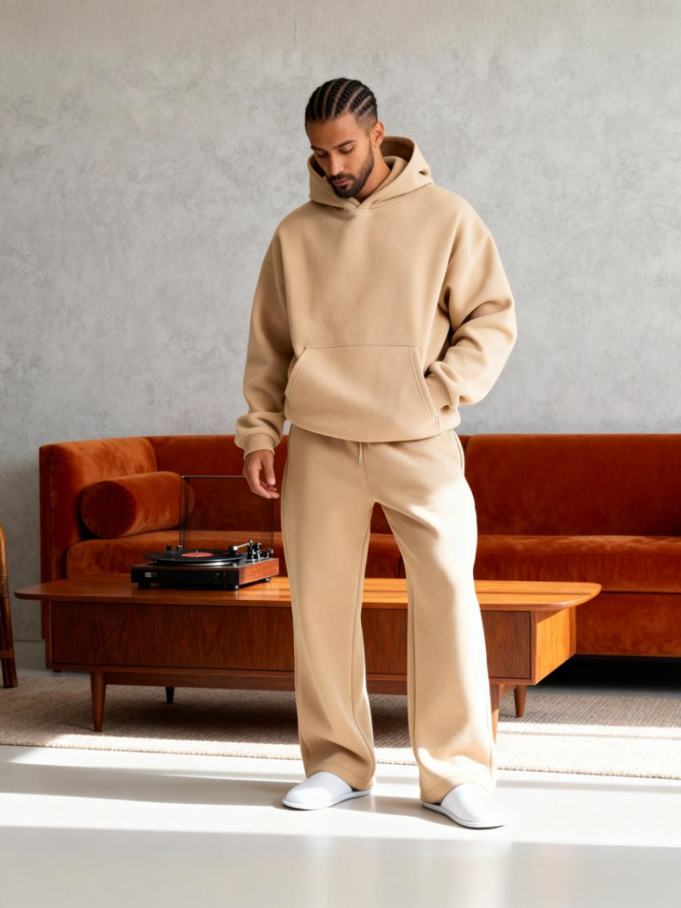 Beige - Flat Pants + Hoodie Co-ord