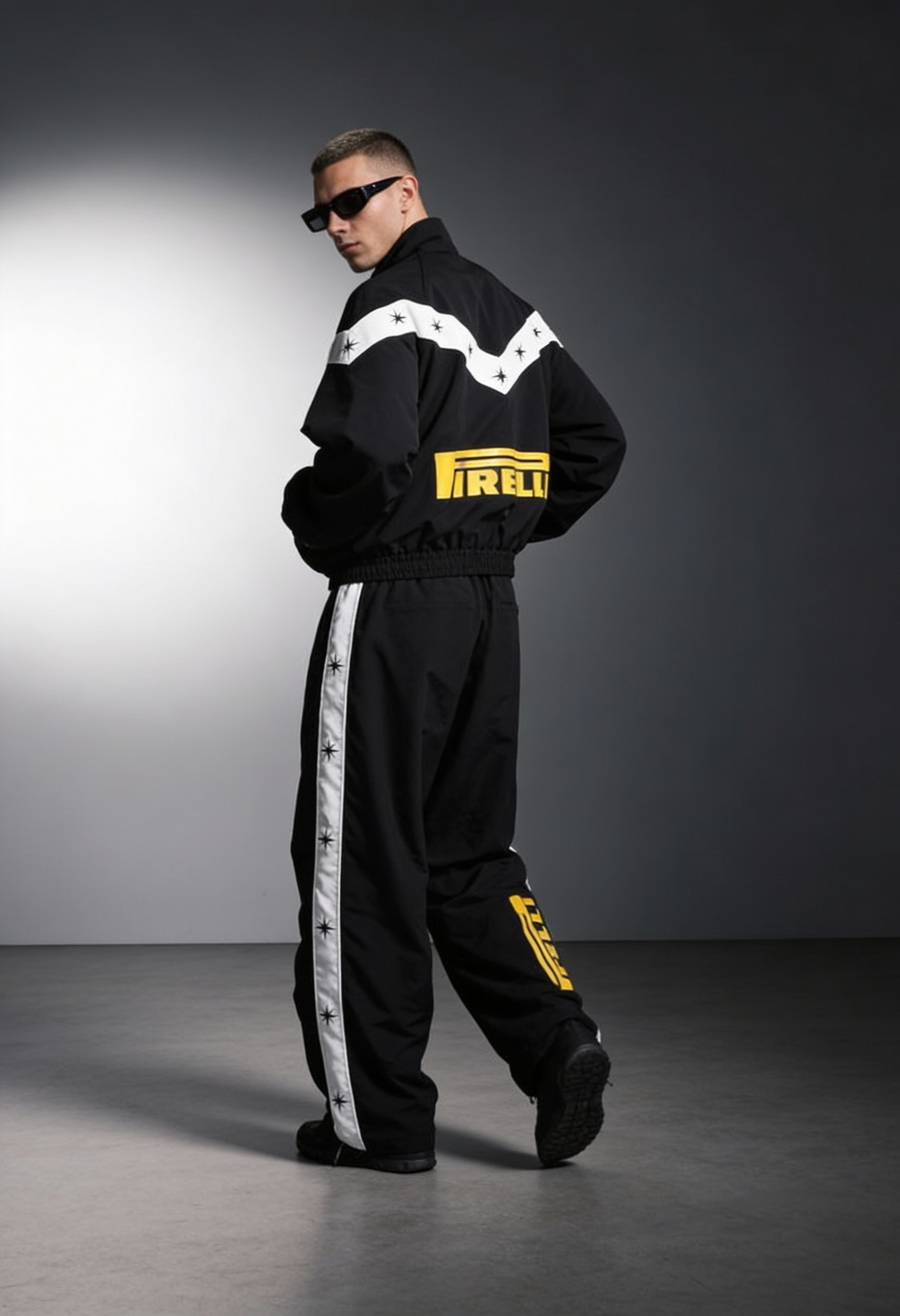 Person wearing a black racing suit with white and yellow accents on a gray background