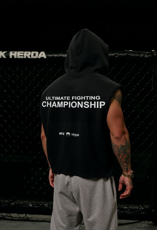 Black - T108 - Fighting Champ - Gym Cut Offs Hoodie 350GSM