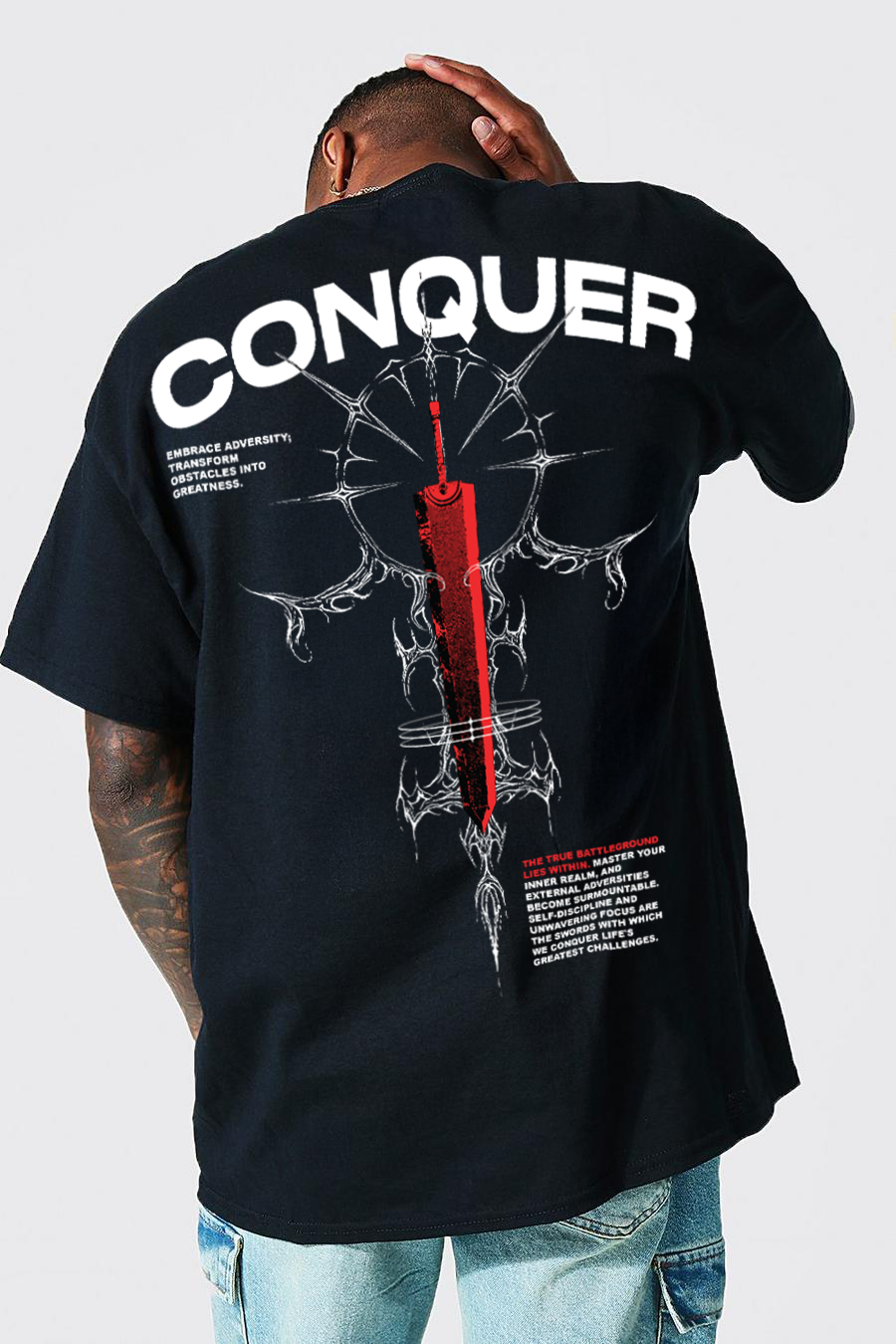 T-Shirt - Black - Conquered - Oversized Strong Soul Shirts & Tops