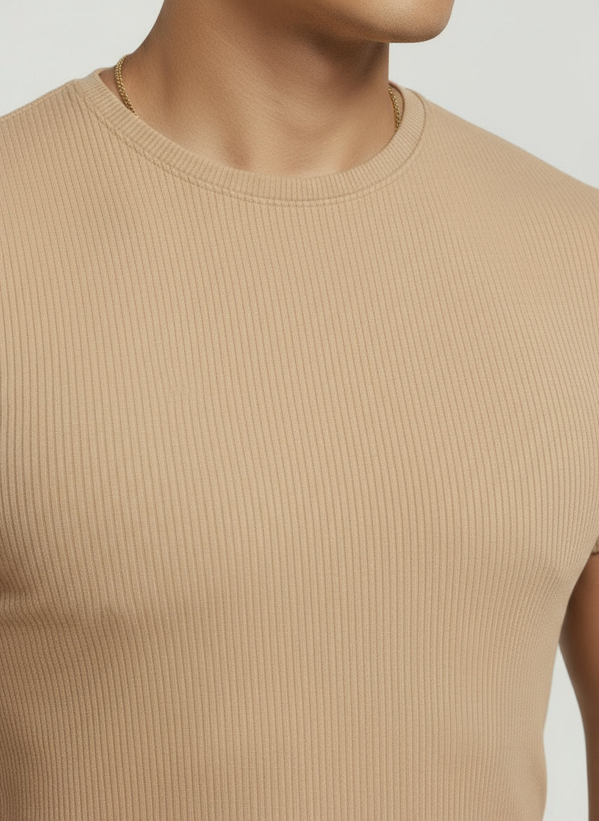 Biege - Slim Fit - T-Shirt Ribbed