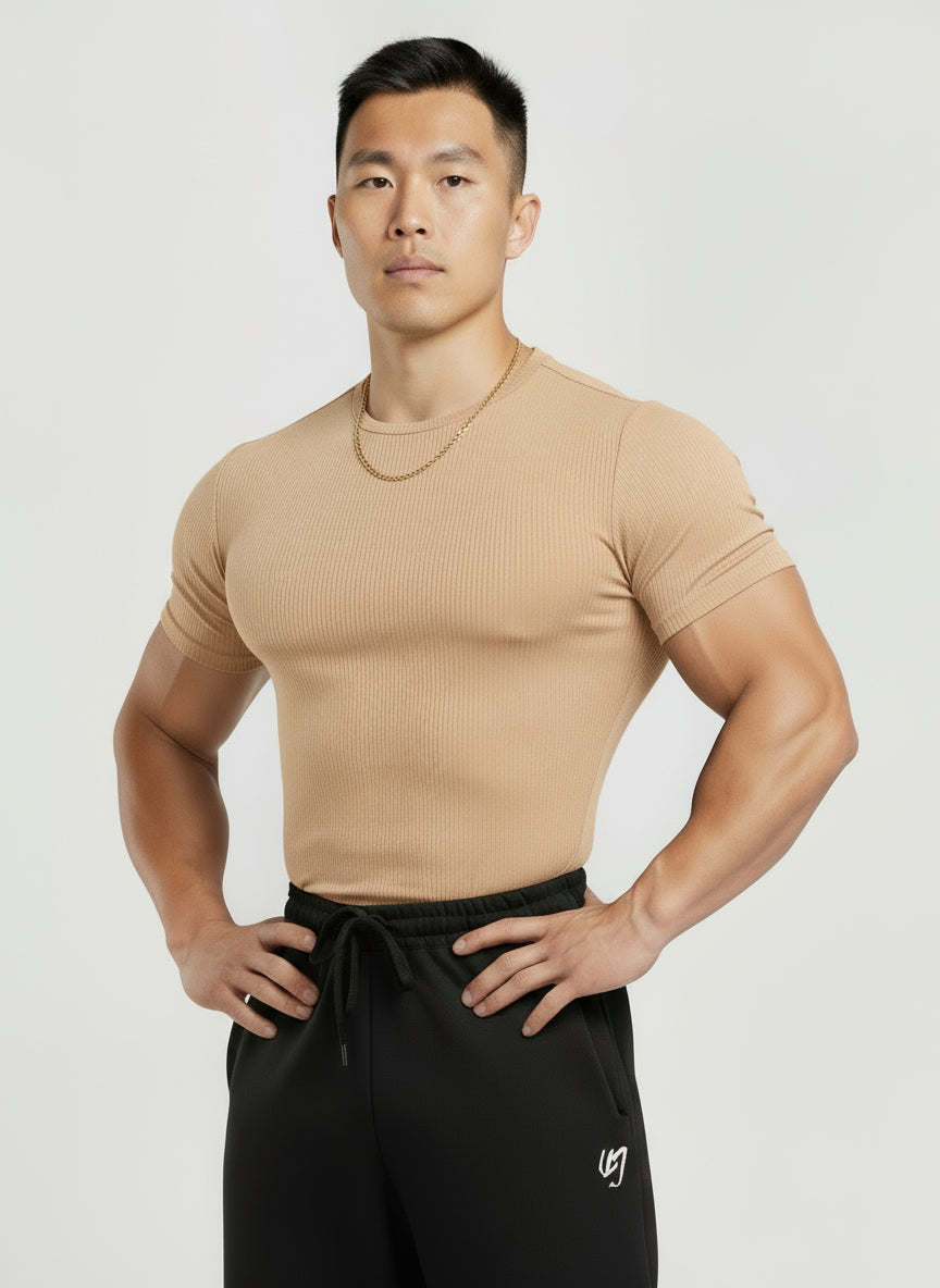 Biege - Slim Fit - T-Shirt Ribbed