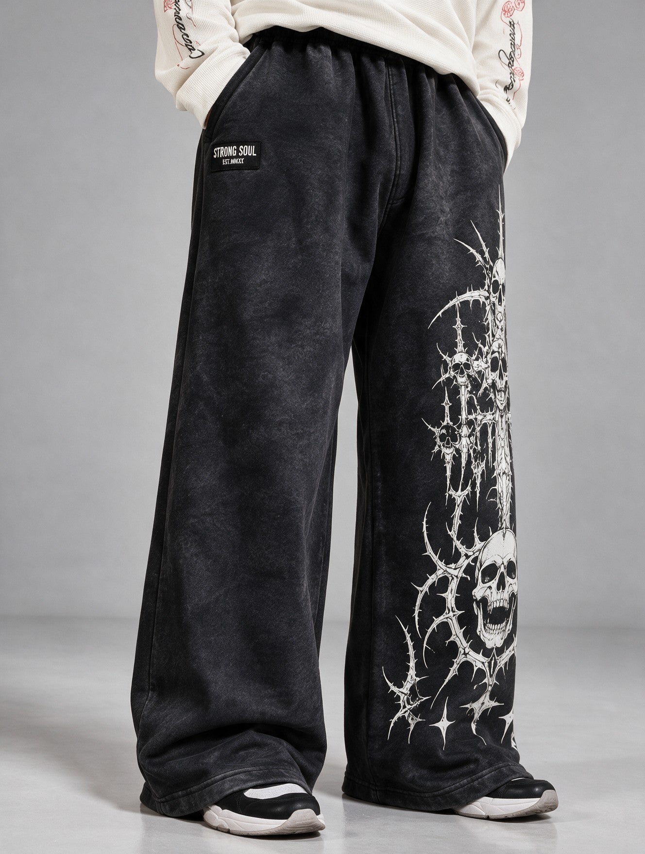 Acid Wash Black - Gothic Sword - Oversized Flat Pants 400 GSM