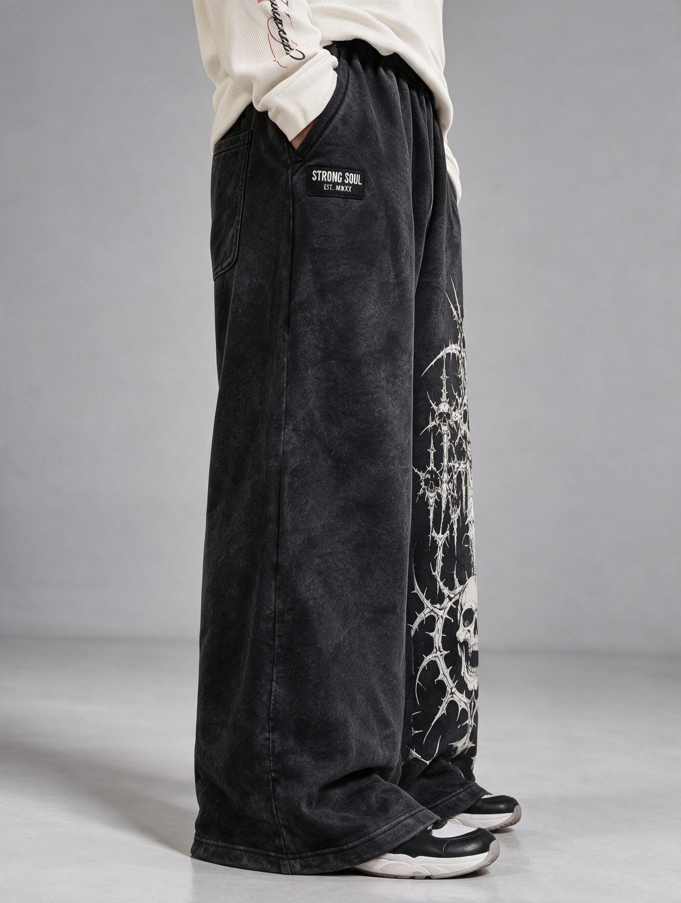 Acid Wash Black - Gothic Sword - Oversized Flat Pants 400 GSM