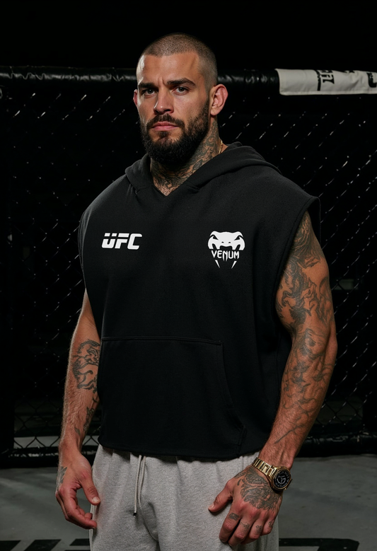 Black - T108 - Fighting Champ - Gym Cut Offs Hoodie 350GSM