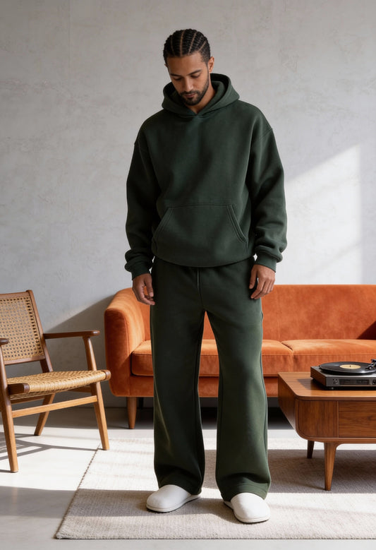 Dark Green - Flat Pants + Hoodie Co-ord