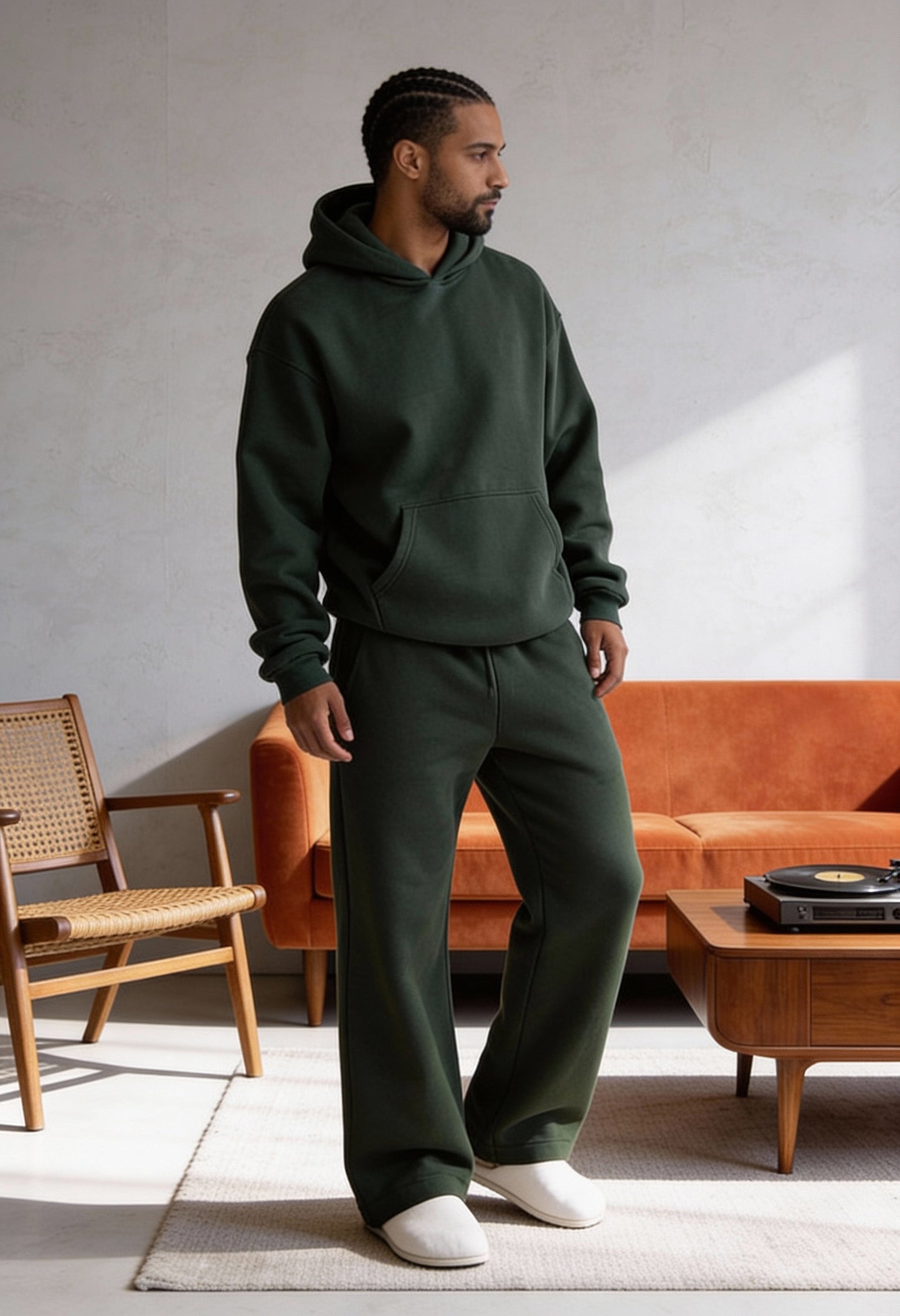 Dark Green - Flat Pants + Hoodie Co-ord