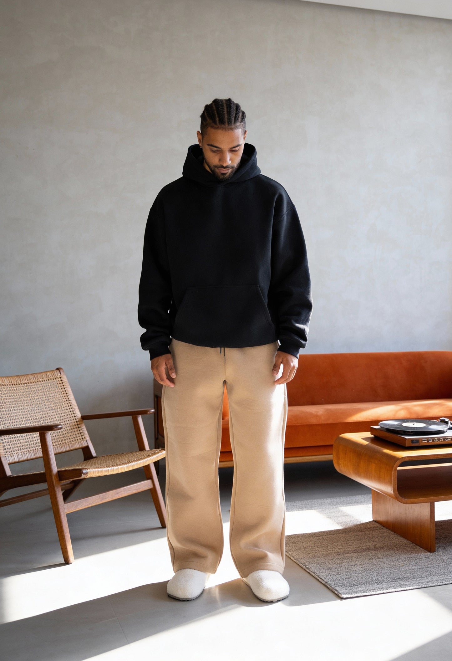 Black + Beige Flat Pants - Hoodie Co-ord