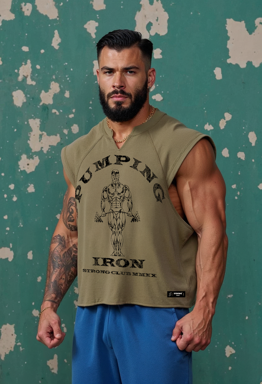 Army Green - T107 - Pumping Iron - Gym Vintage Cut Offs Strong Soul Tanks