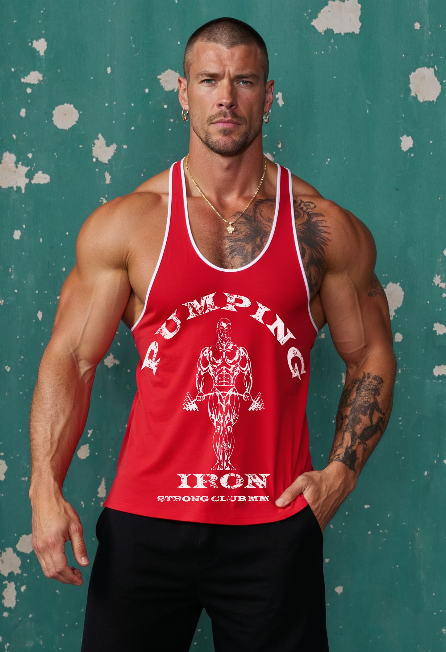 Red White - T109 - Pumping Iron - Gym Tank Top