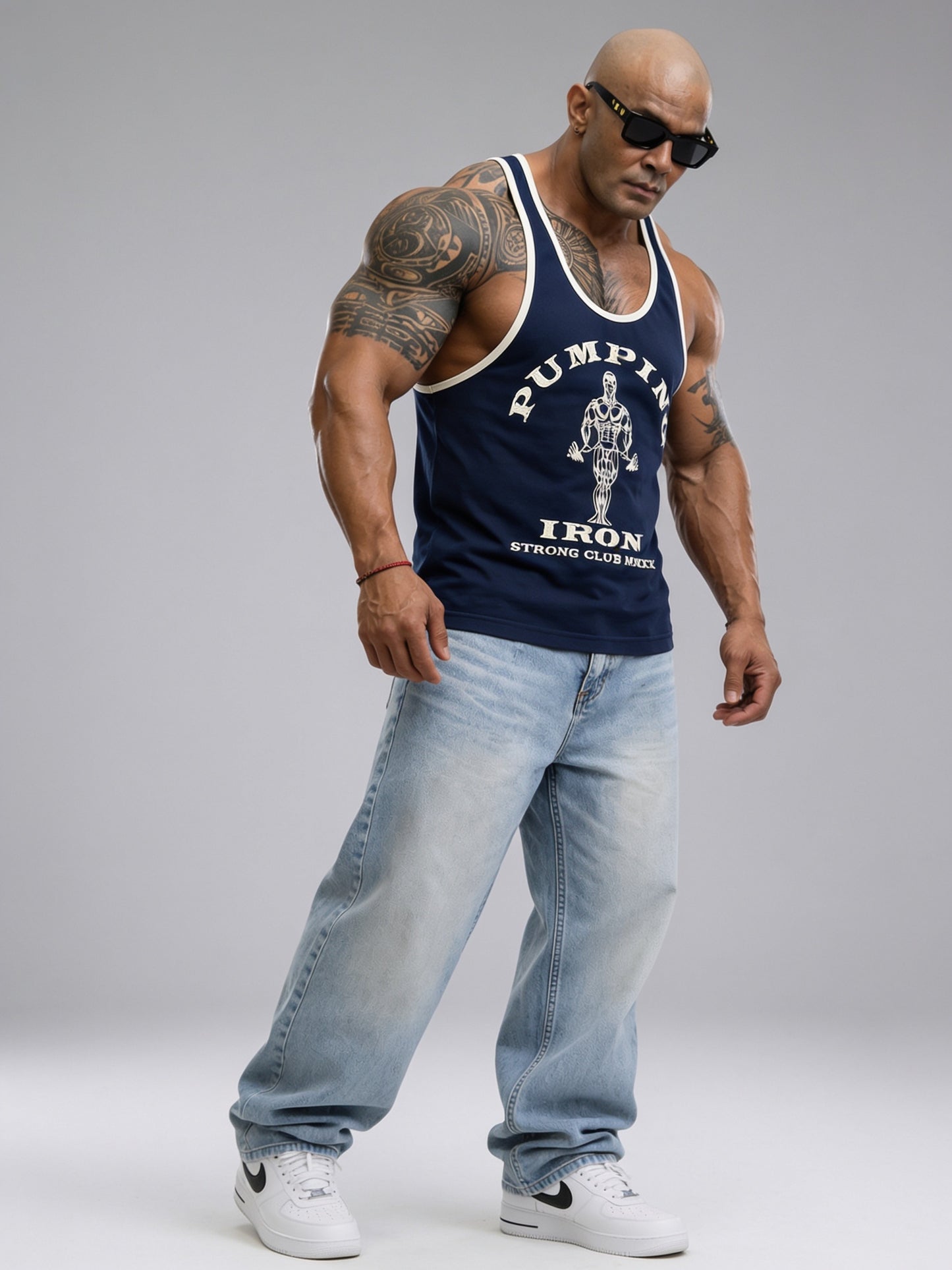 Navy Blue Off White - T109 - Pumping Iron - Gym Tank Top