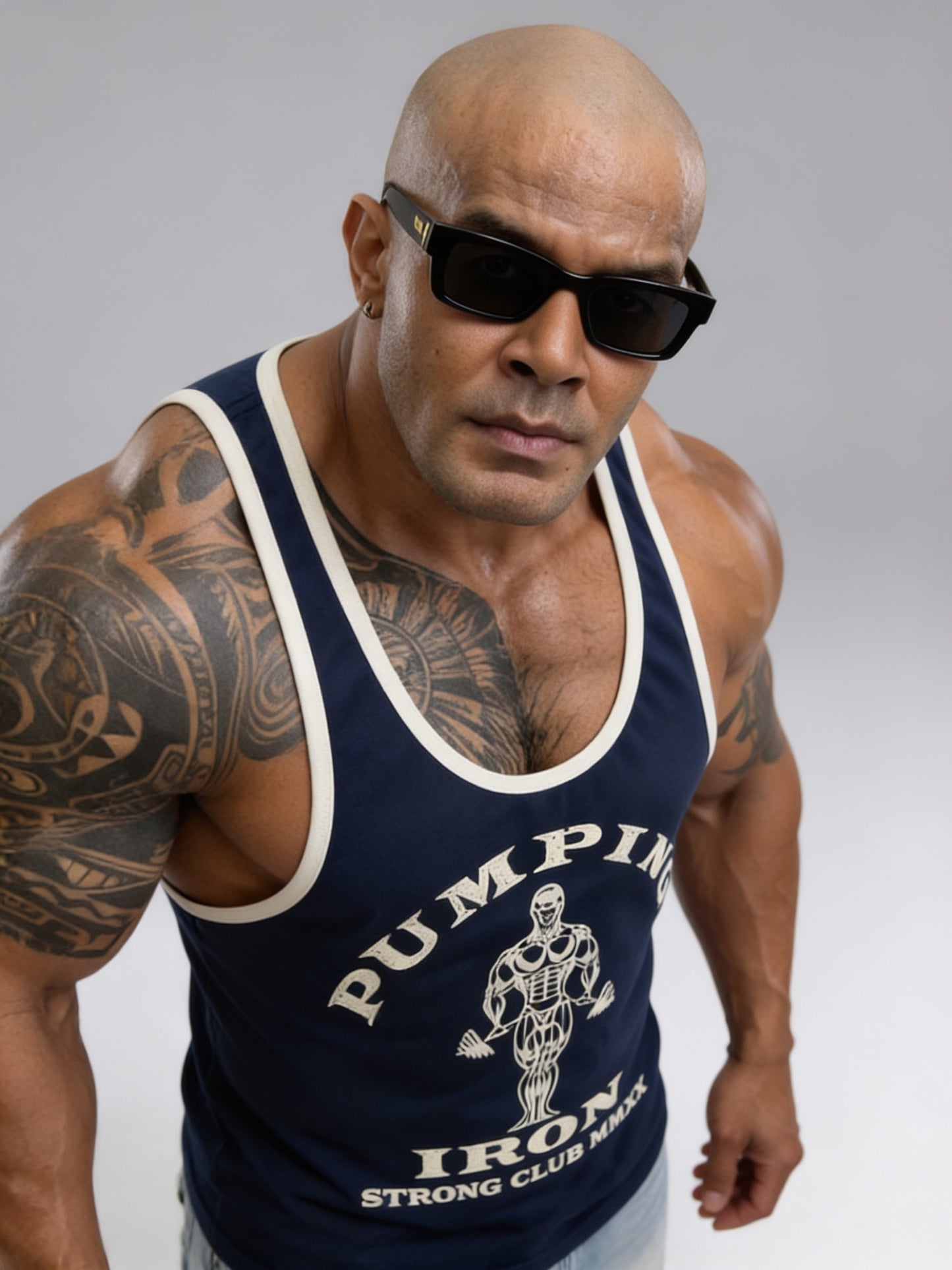 Navy Blue Off White - T109 - Pumping Iron - Gym Tank Top