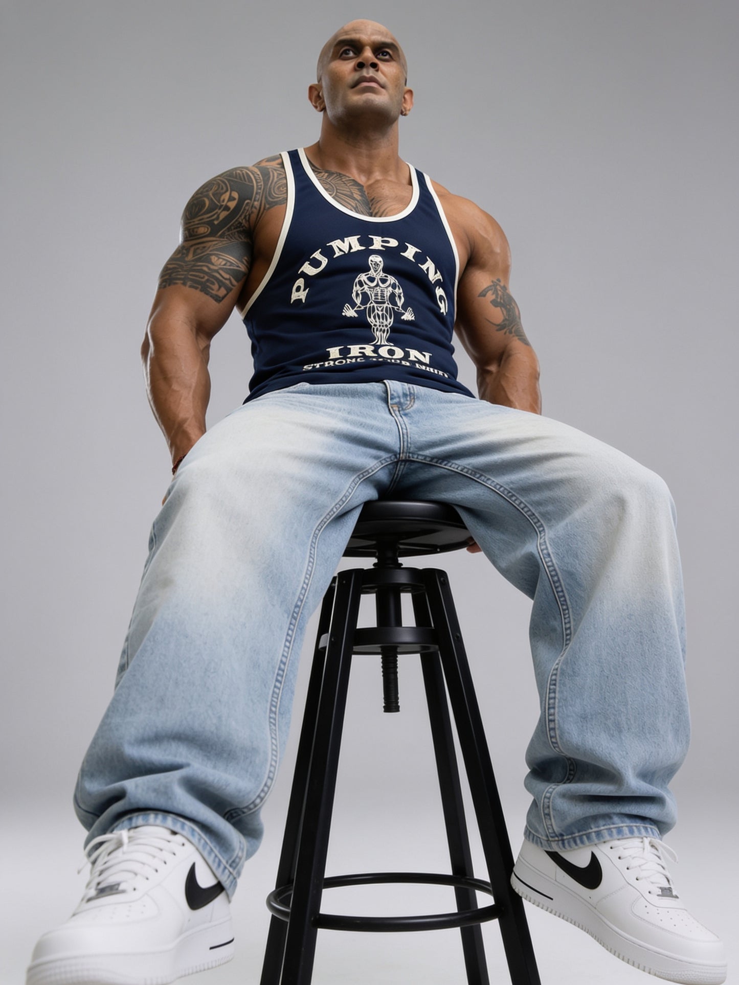 Navy Blue Off White - T109 - Pumping Iron - Gym Tank Top
