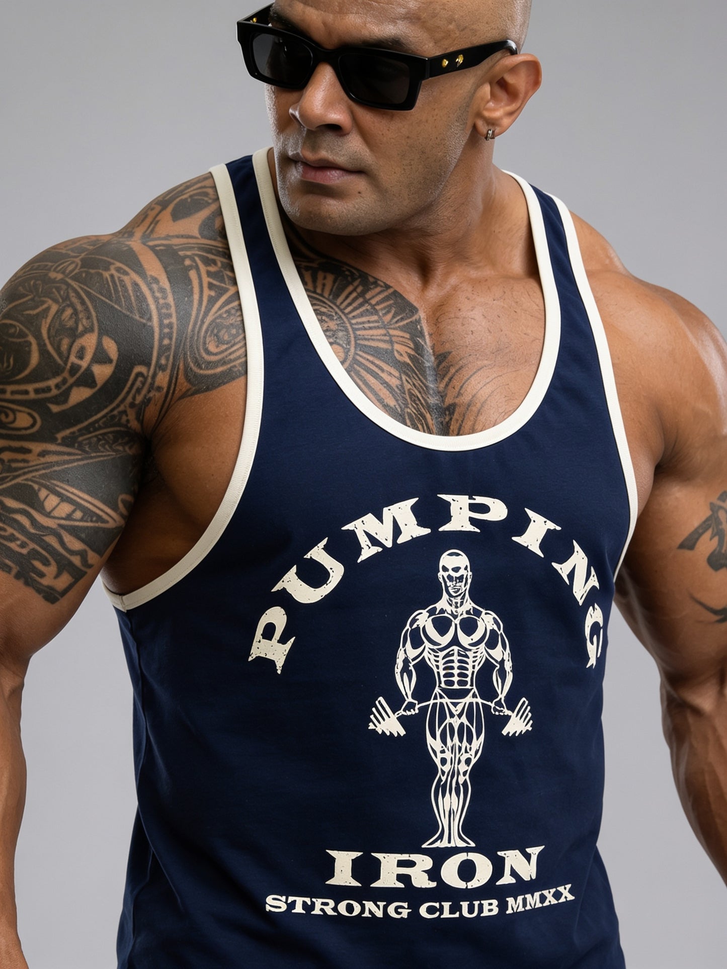 Navy Blue Off White - T109 - Pumping Iron - Gym Tank Top