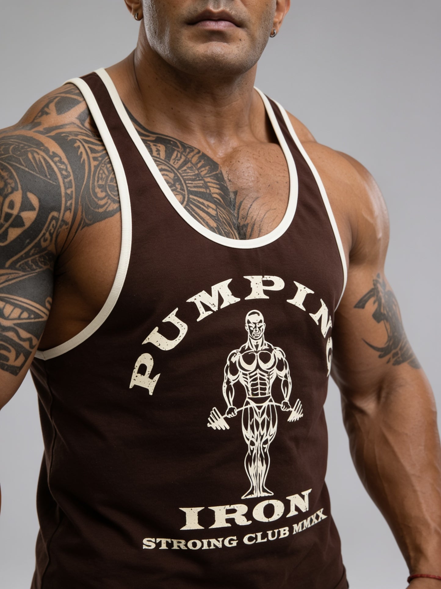 Brown Off White - T109 - Pumping Iron - Gym Tank Top