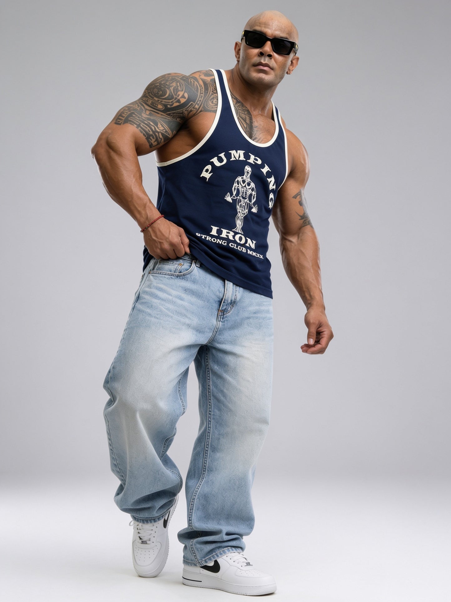 Navy Blue Off White - T109 - Pumping Iron - Gym Tank Top