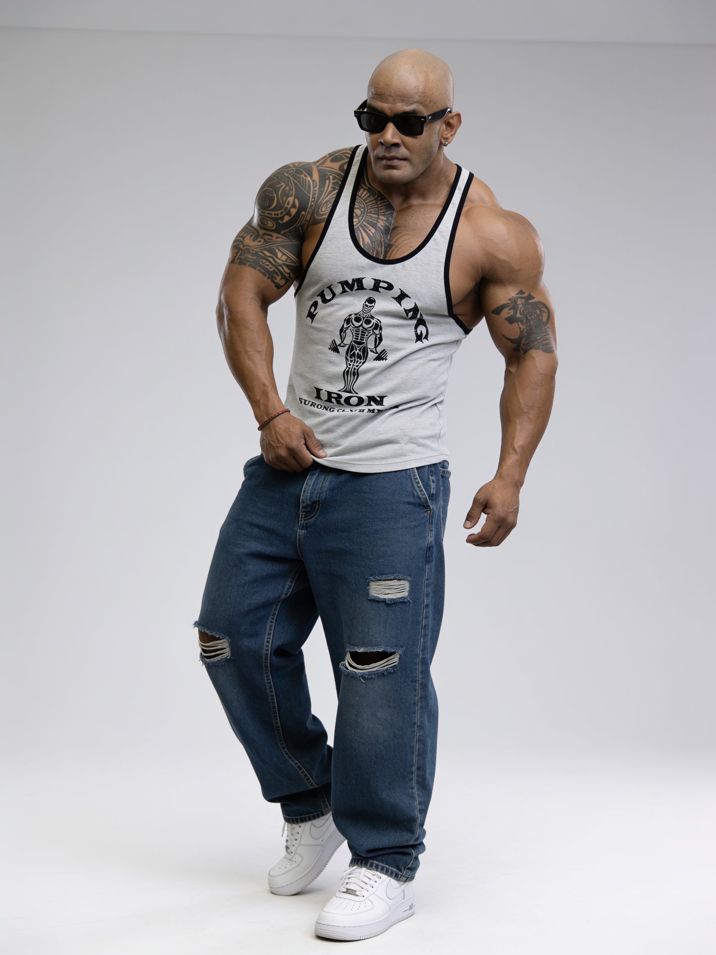 Light Grey Black - T109 - Pumping Iron - Gym Tank Top
