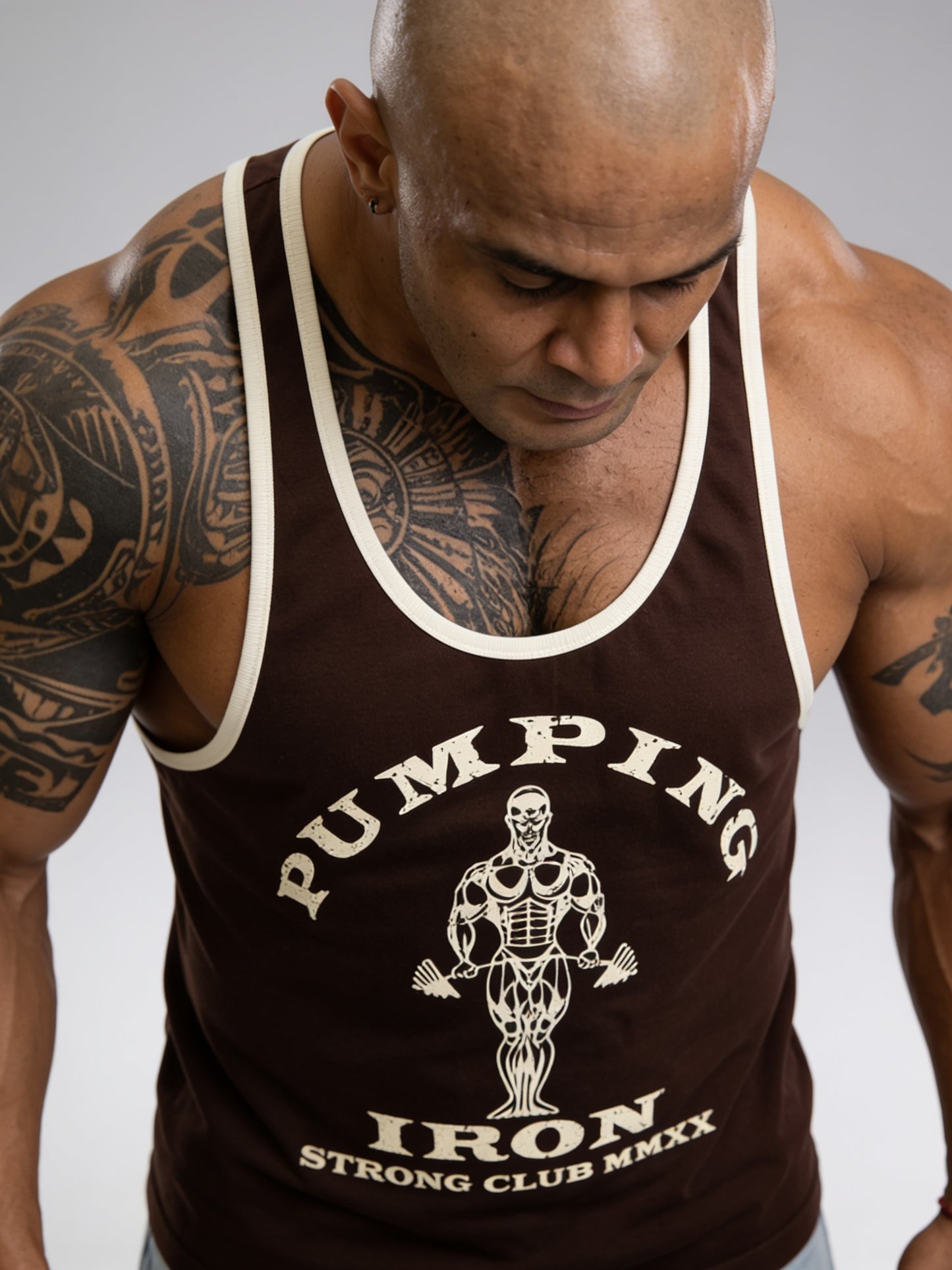 Brown Off White - T109 - Pumping Iron - Gym Tank Top