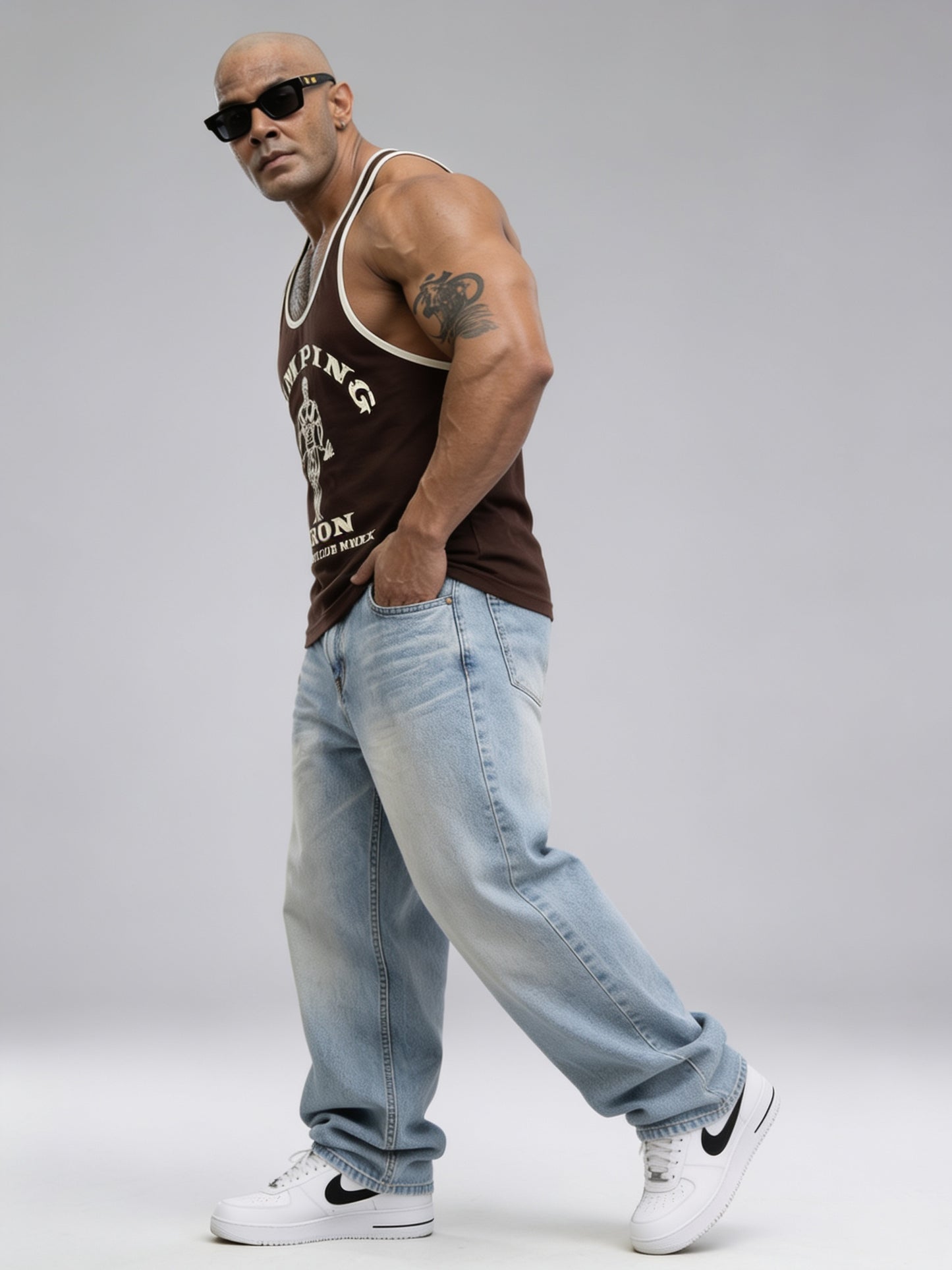 Brown Off White - T109 - Pumping Iron - Gym Tank Top