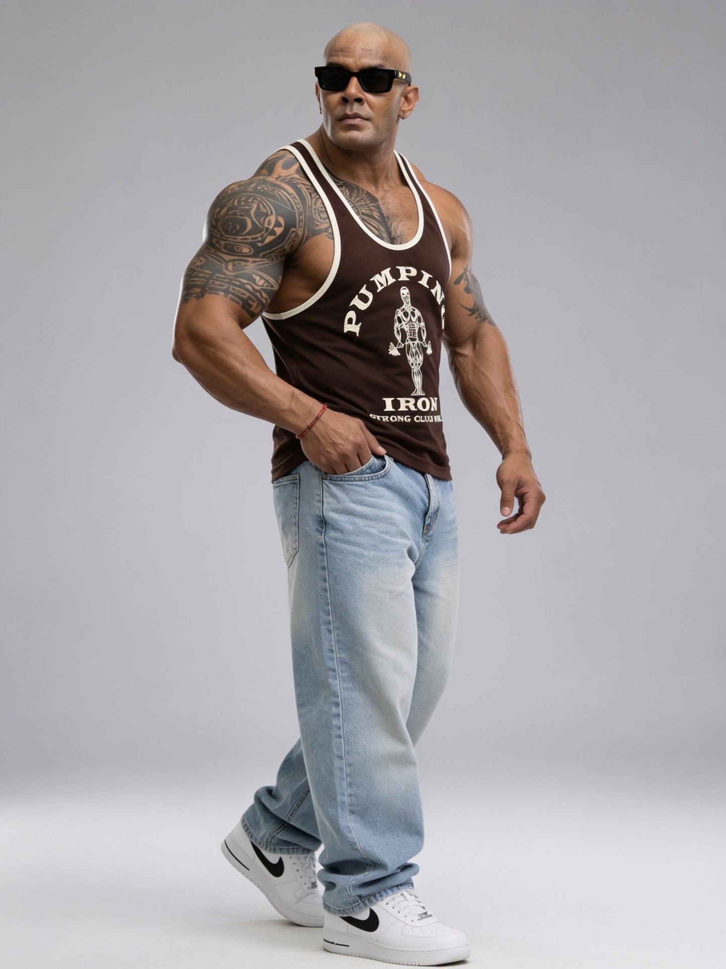 Brown Off White - T109 - Pumping Iron - Gym Tank Top