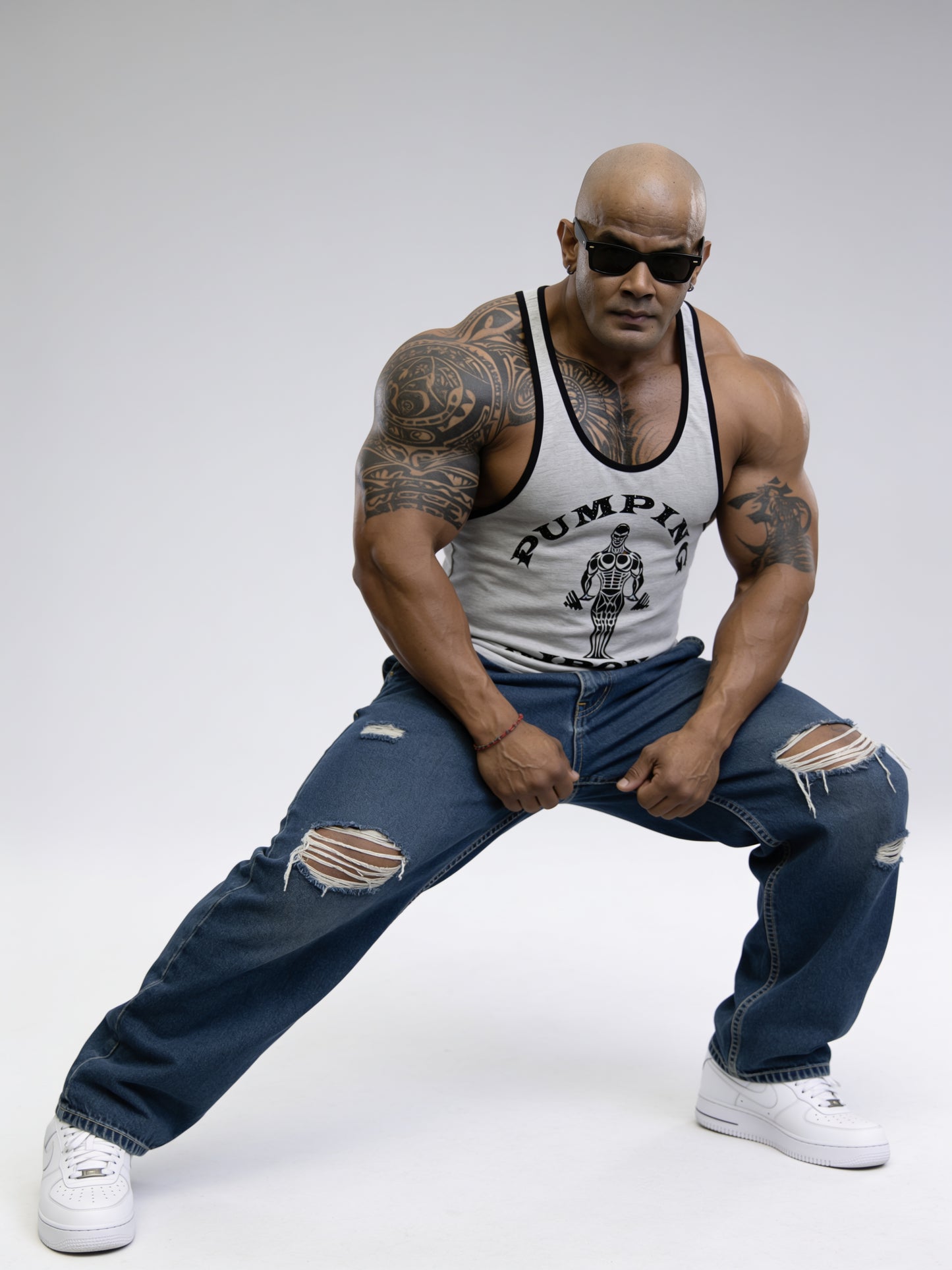 Light Grey Black - T109 - Pumping Iron - Gym Tank Top