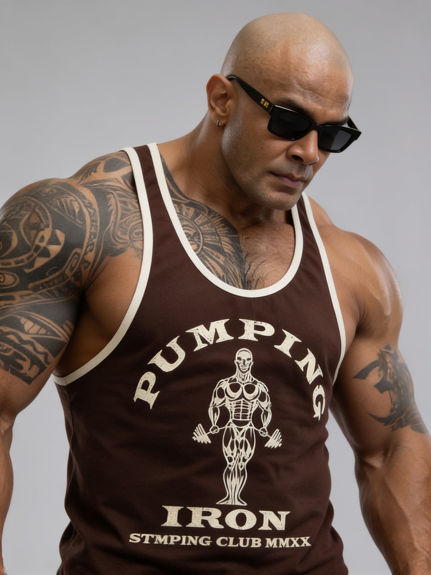 Brown Off White - T109 - Pumping Iron - Gym Tank Top