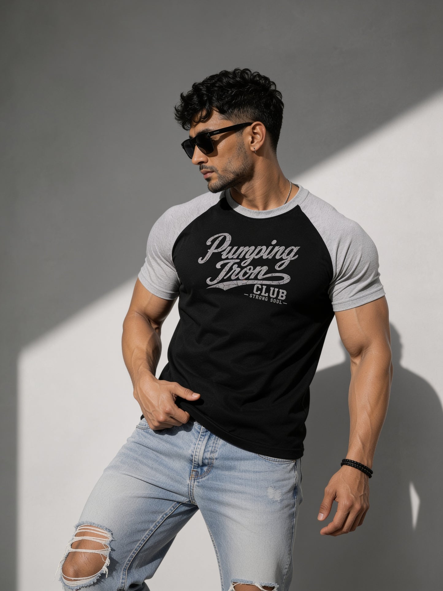 Black Grey - Club Pumping Iron - Raglan T-Shirt