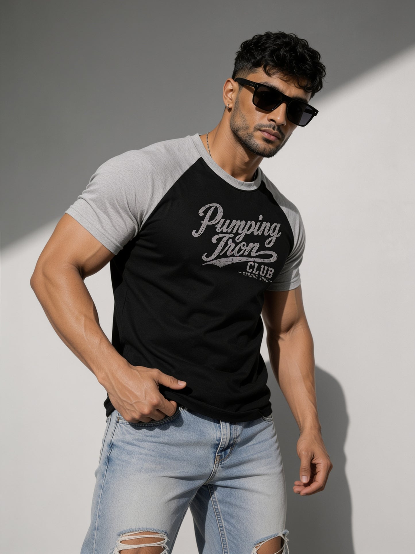 Black Grey - Club Pumping Iron - Raglan T-Shirt