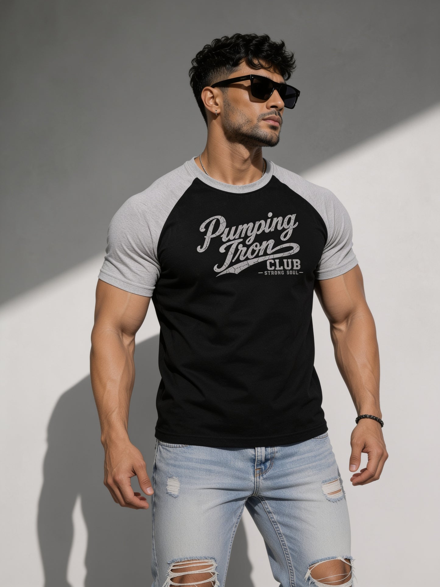 Black Grey - Club Pumping Iron - Raglan T-Shirt