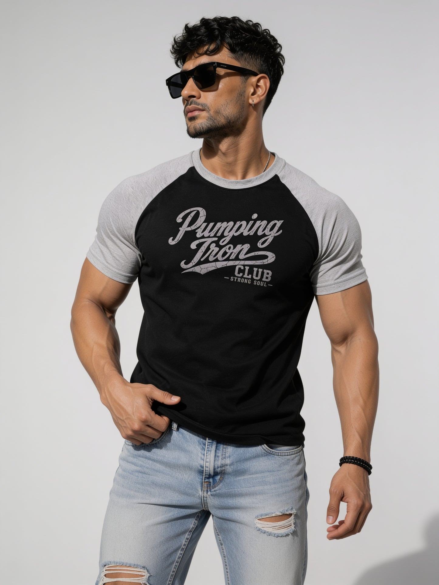 Black Grey - Club Pumping Iron - Raglan T-Shirt
