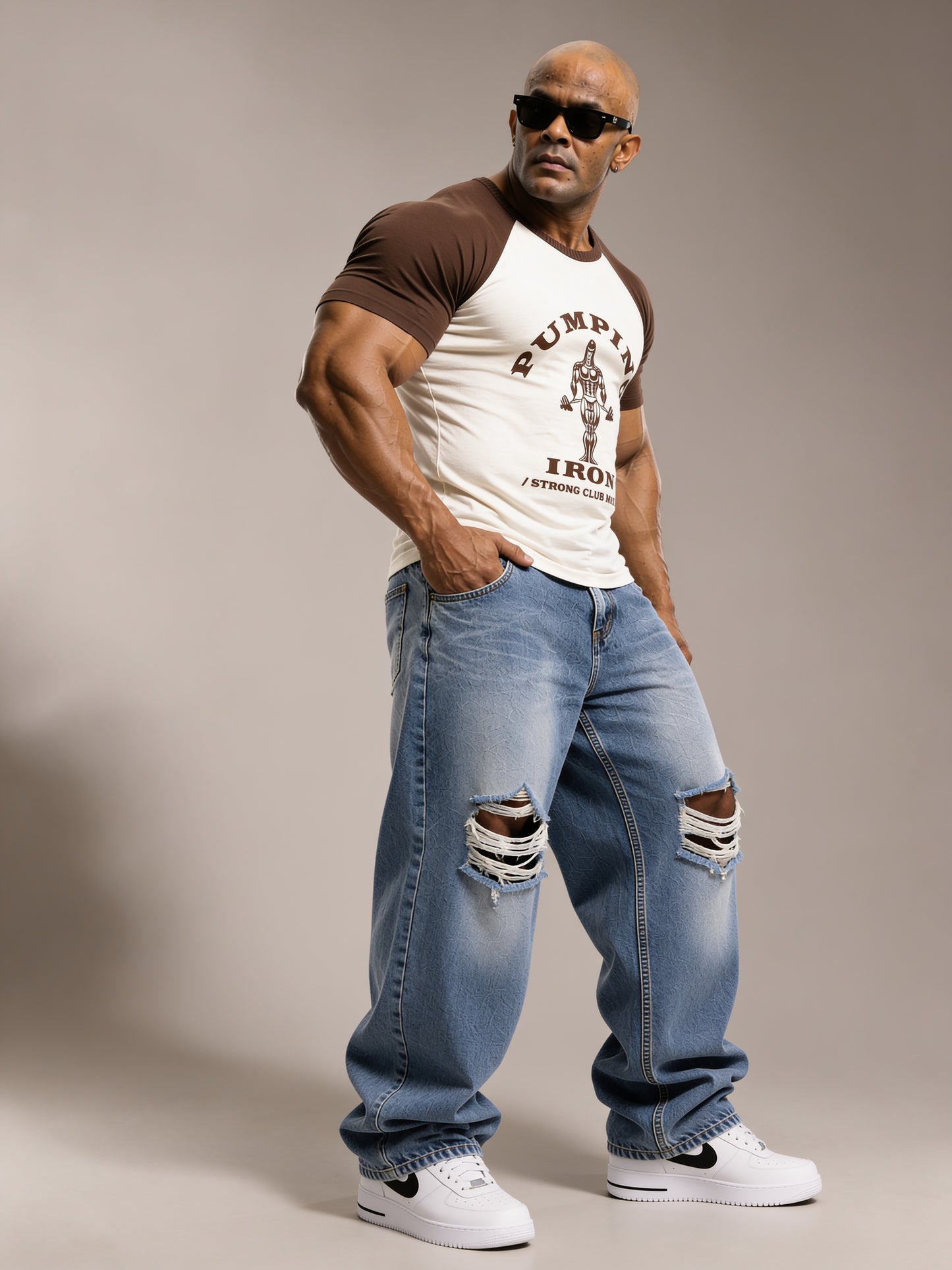White Brown - Pumping Iron - Raglan T-Shirt