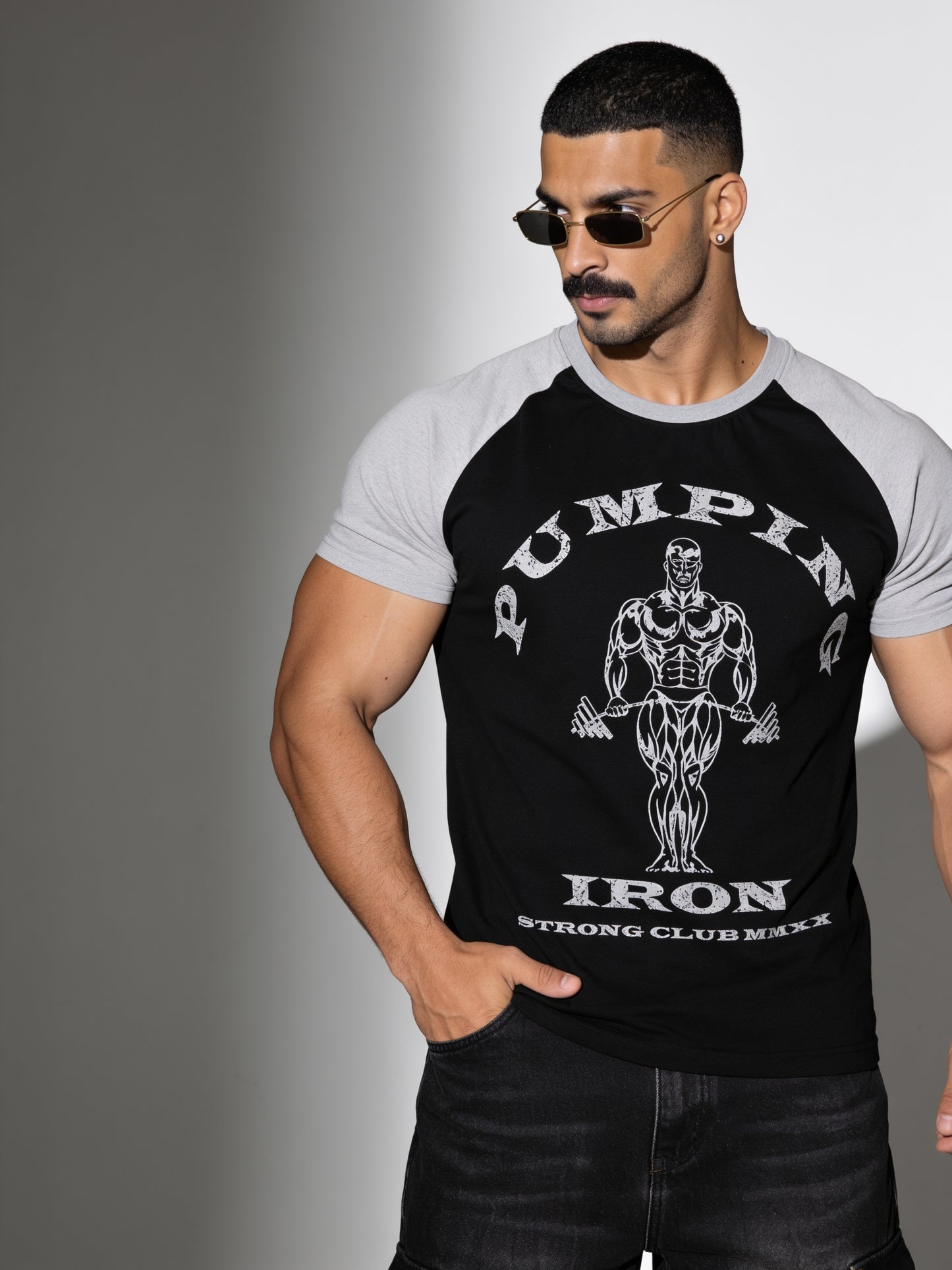 Black Grey - Pumping Iron - Raglan T-Shirt
