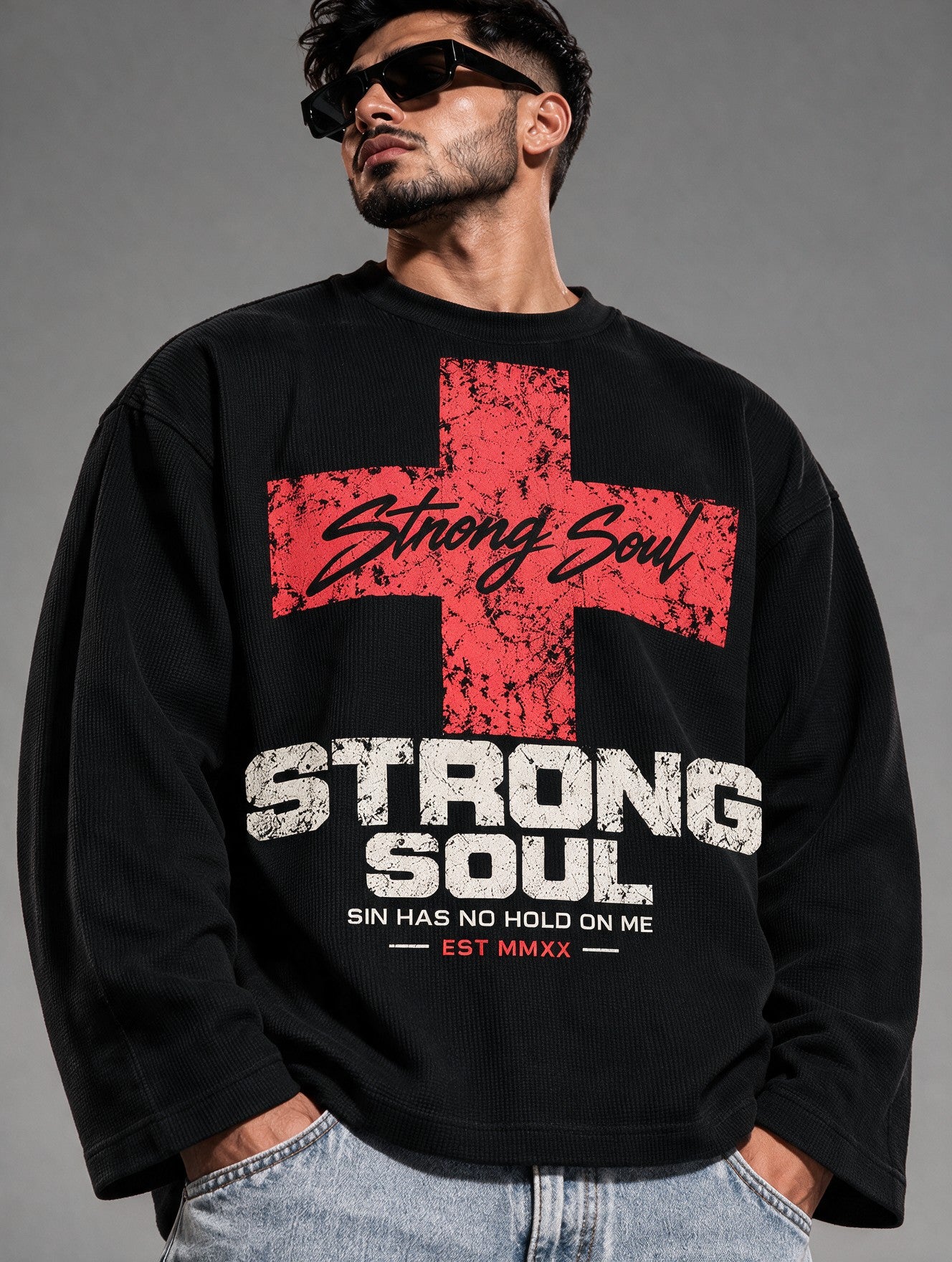 Black - Cross - Waffle Long Sleeve