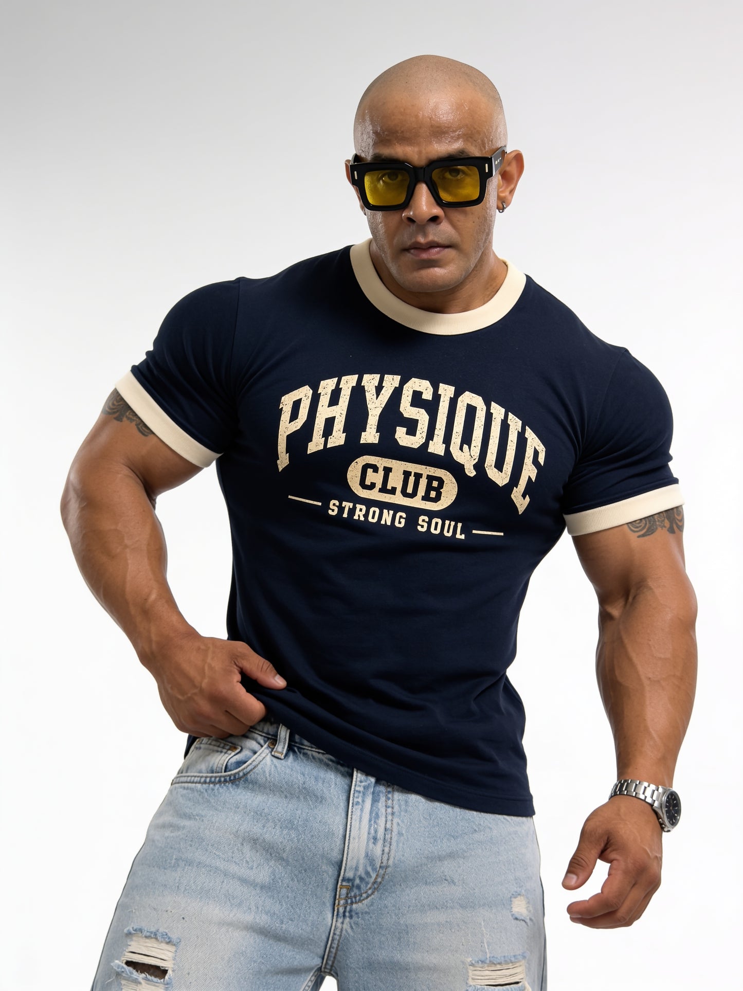 Royal Blue Cream - Physique Club - Ringer T-Shirt
